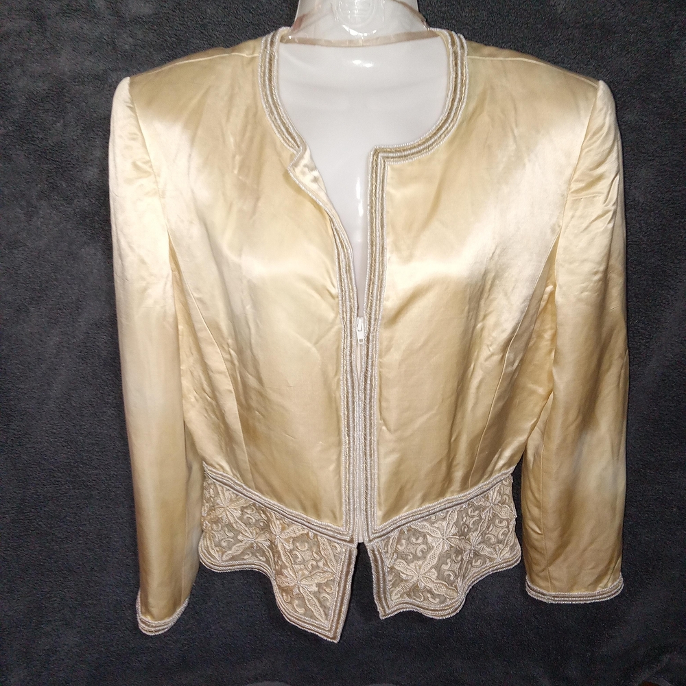 Vtg Mary McFadden for Saks Fifth Ave Cream Silk Beaded Blazer 1980s Sz 12 READ